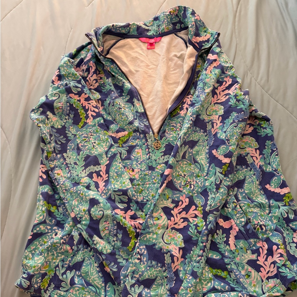 Lilly Pulitzer half zip Pullover with Pink & Green Coral Seahorse Print